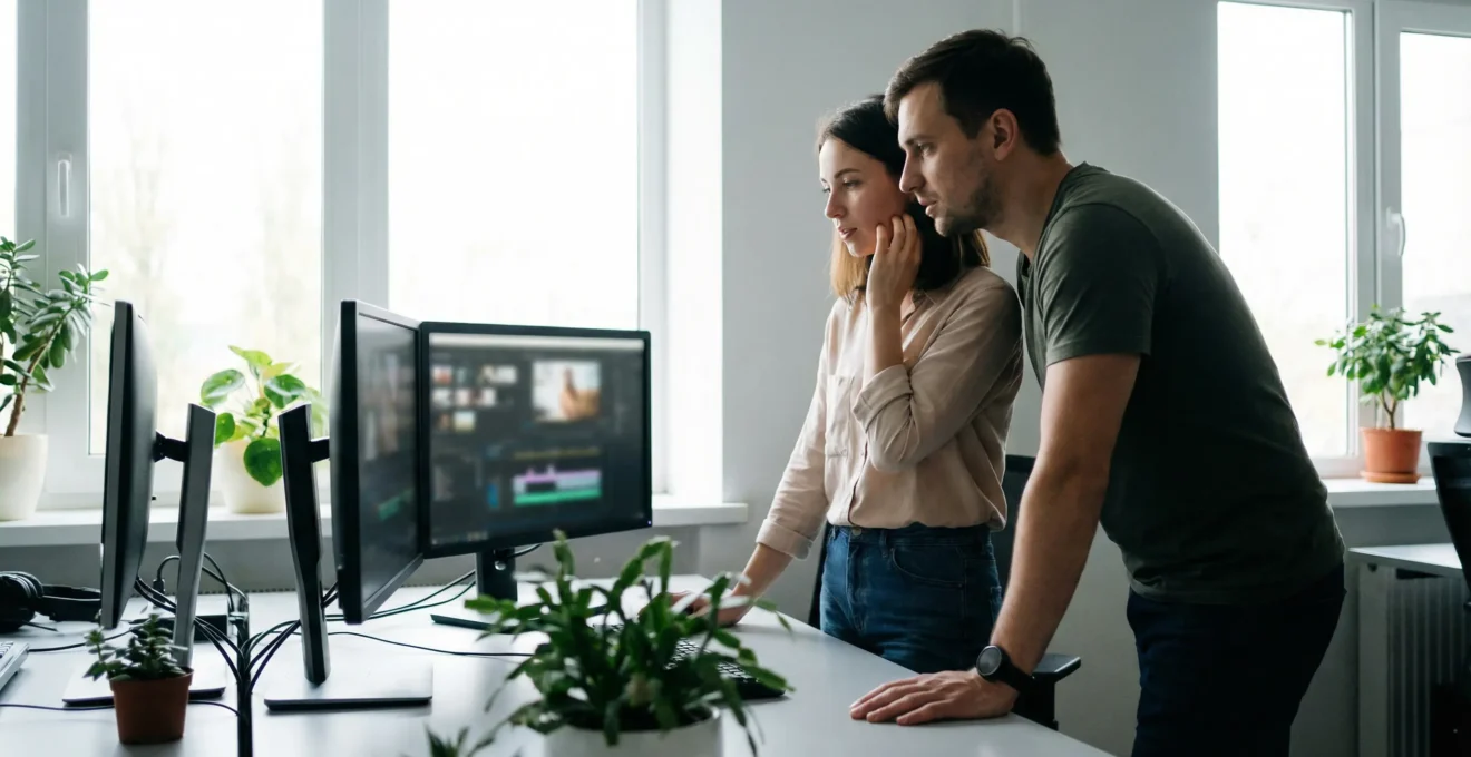 Marketing-Team bei der Videobearbeitung in modernem Büro mit mehreren Bildschirmen