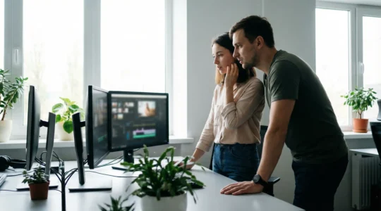 Marketing-Team bei der Videobearbeitung in modernem Büro mit mehreren Bildschirmen