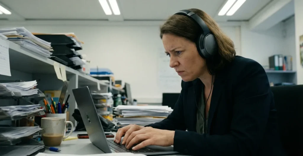 Marketing-Mitarbeiterin bei improvisierter Voice-Over-Aufnahme am Schreibtisch Marketing-Mitarbeiterin bei improvisierter Voice-Over-Aufnahme am Schreibtisch