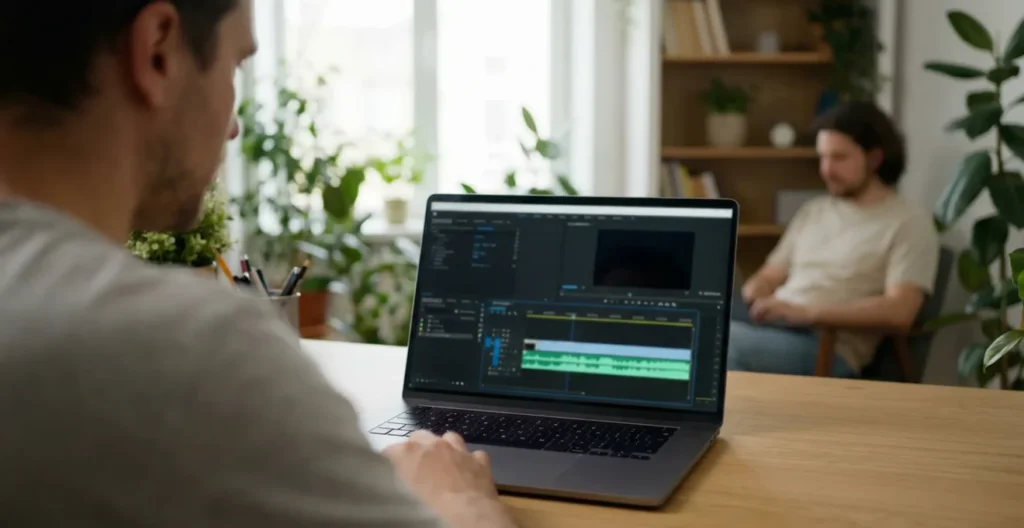 Laptop mit Video-Software und Audio-Wellenform bei entspannter Büroarbeit Laptop mit Video-Software und Audio-Wellenform bei entspannter Büroarbeit